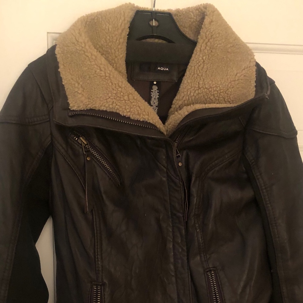 Aqua Brown Faux Leather Faux Sherling Jacket